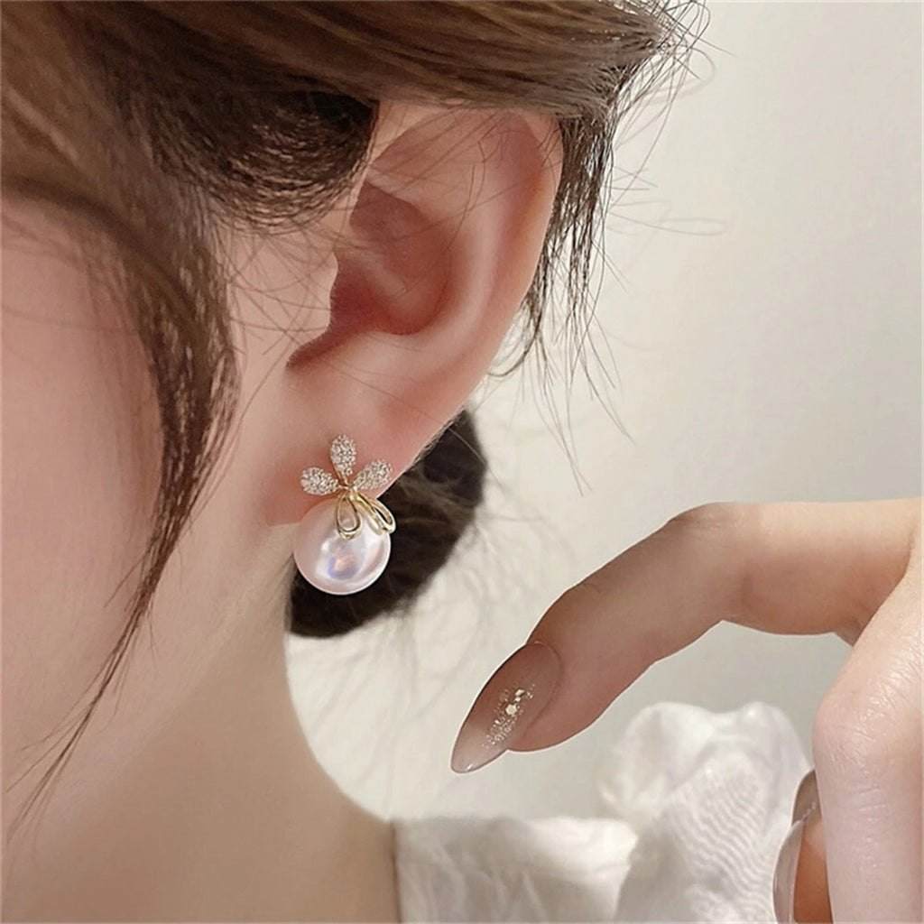 Flower Gold Plated Pearl Cubic Zirconia Alloy Drop Earrings Bulk