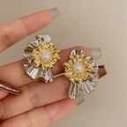 Luxury Dual Tone Floral Gold Silver Pearl Copper Stud Earrings Bulk