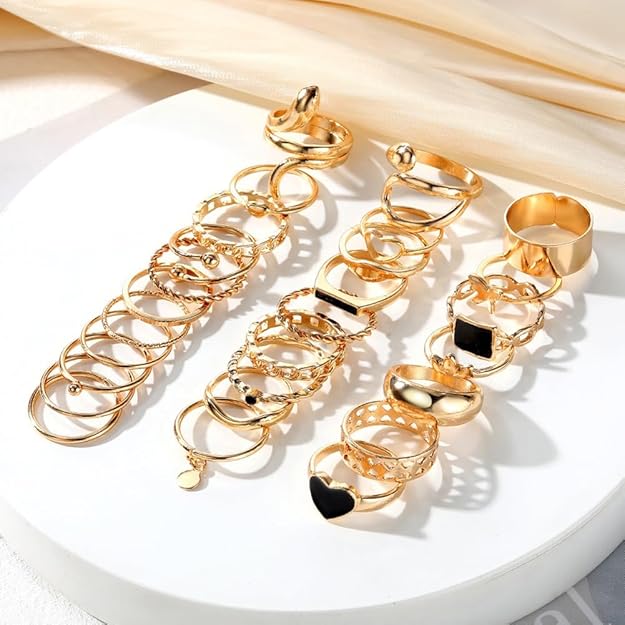Bulk Black Multi Design Gold Plated Enamel Alloy Adjustable Combo Ring