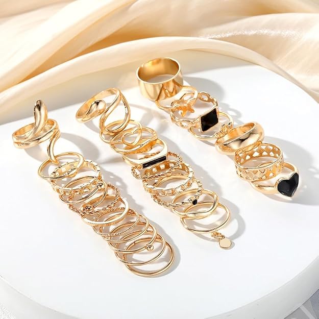 Bulk Black Multi Design Gold Plated Enamel Alloy Adjustable Combo Ring