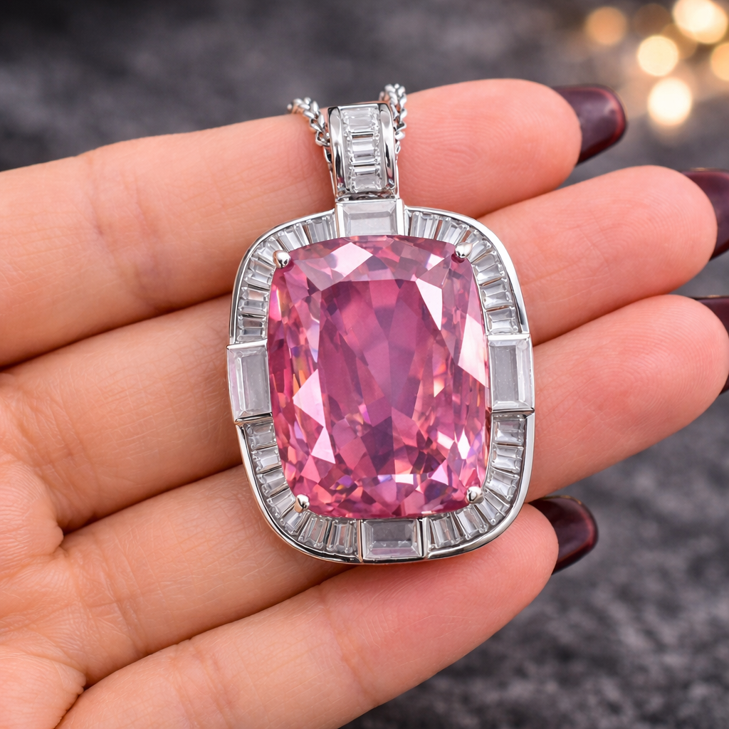 Luxury Cushion Shape Silver CZ Anti Tarnish Copper Pendant Chain Bulk