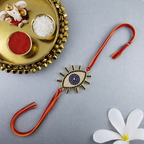 Designer Evil Eye Gold Plated CZ Red Orange Thread Rakhi For Men Bulk