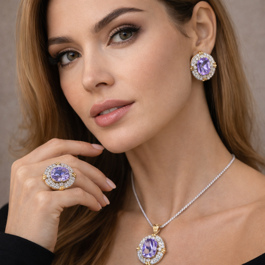 Elegant Round Shape Gold Plated CZ Copper Necklace Combo Set Wholesale