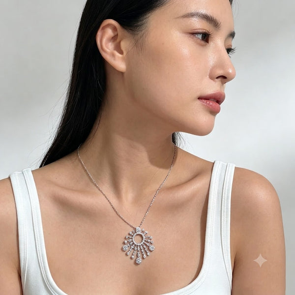 Luxury Silver Plated Sunburst White CZ Crystals Copper Necklace Bulk Main image