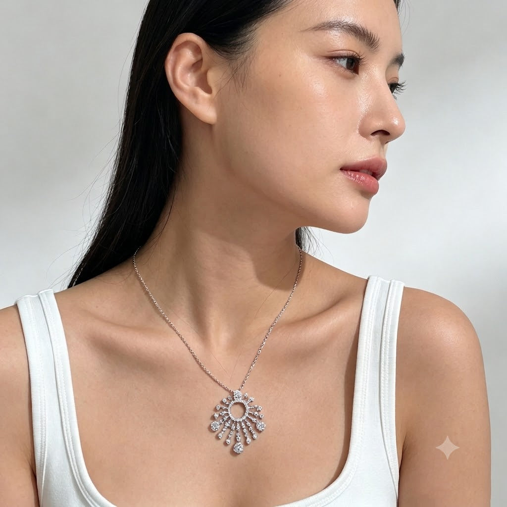 Luxury Silver Plated Sunburst White CZ Crystals Copper Necklace Bulk