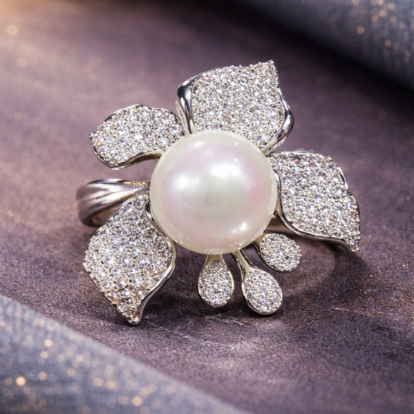 Bulk Bow Flower Silver CZ Pearl Copper Adjustable Cocktail Ring Main image