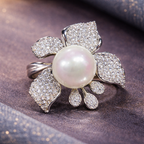 Bulk Bow Flower Silver CZ Pearl Copper Adjustable Cocktail Ring