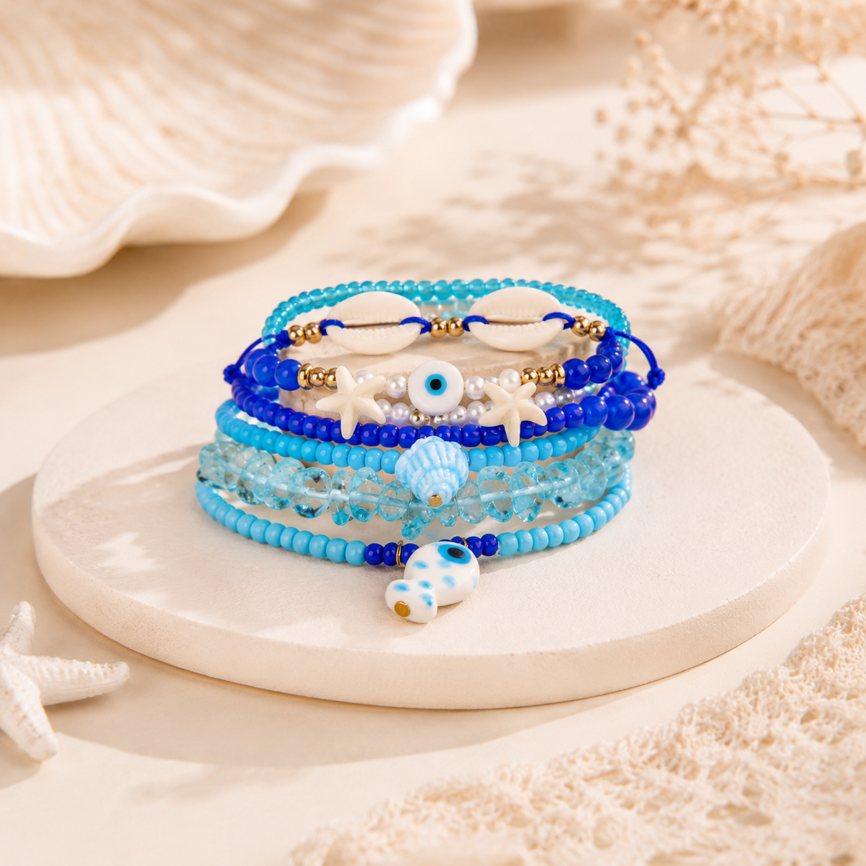 Blue Stone White Shell Starfish Evil Eye Gold Pearl Beads Bracelet Bulk