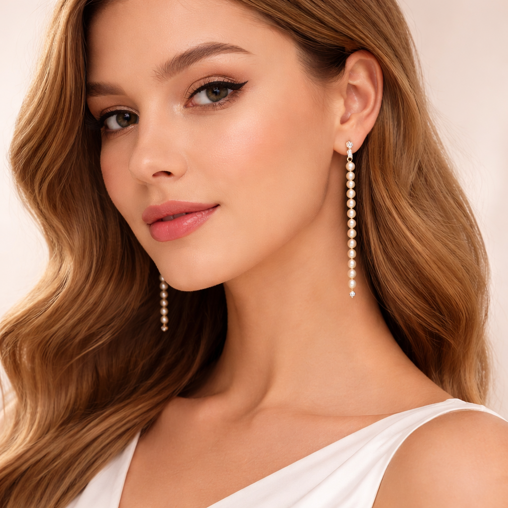 Minimal Long Faux Gold Pearl Anti Tarnish Copper Dangler Earrings Bulk Main image