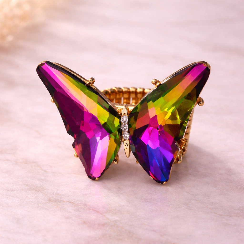 Multi Color Butterfly Gold Plated Crystal Adjustable Cocktail Ring Bulk