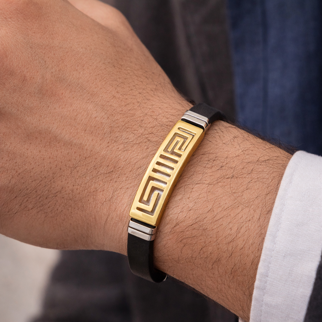 Bulk Black Greek Key Pattern Gold Plated Plain Rubber Bracelet For Men