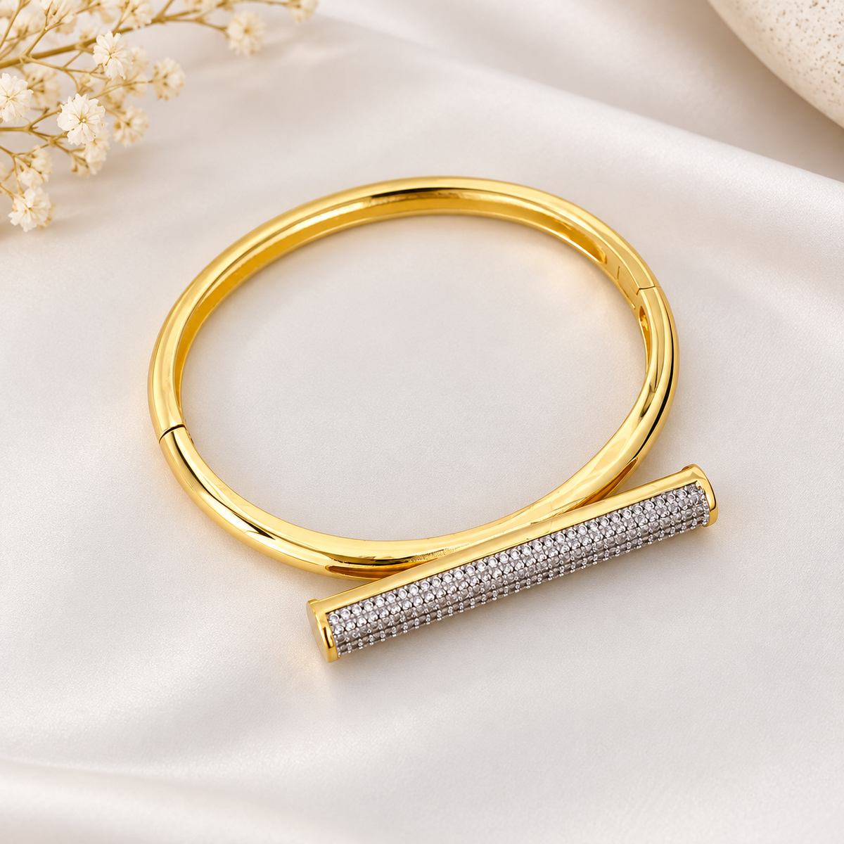 Designer Gold Plated CZ T-Bar Open Cuff Copper Bracelet For Women Bulk