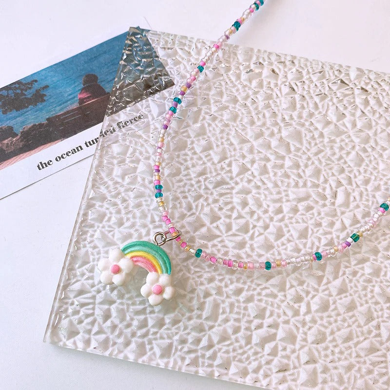 Rainbow Flower Multicolour Beaded Silver Charm Necklace Kids Bulk Main image