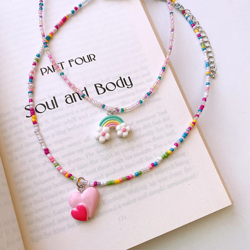 Rainbow Flower Multicolour Beaded Silver Charm Necklace Kids Bulk