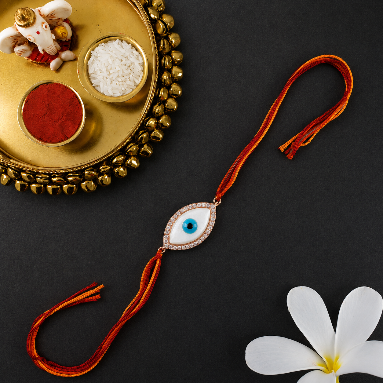 Oval Evil Eye Rose Gold CZ Mother of Pearl Red Orange Thread Rakhi Bulk