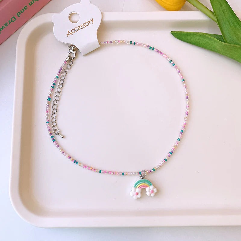 Rainbow Flower Multicolour Beaded Silver Charm Necklace Kids Bulk