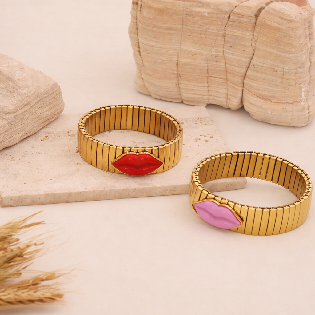 Bulk Red Pink Stretchable Lip Style Gold Stainless Steel Bracelet