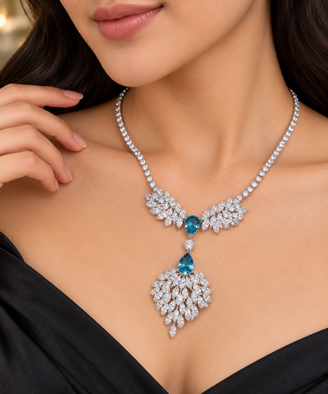 Luxury Silver Plated Blue Teardrop Floral CZ Copper Necklace Wholesale