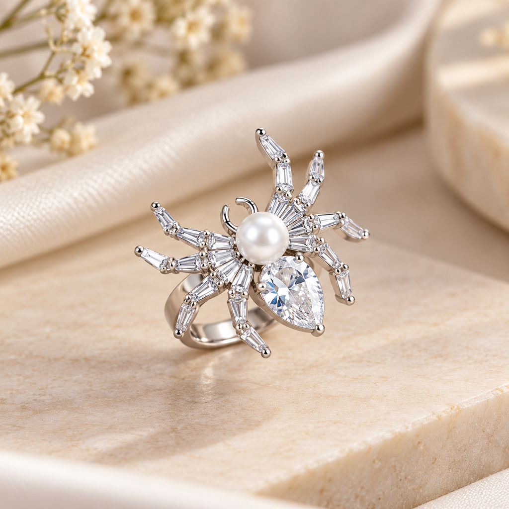 Designer Spider Gold Silver Plated CZ Pearl Copper Cocktail Ring Bulk