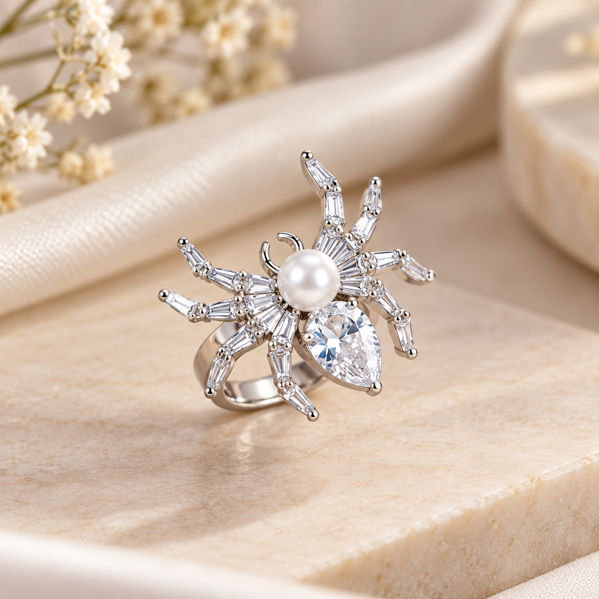 Designer Spider Gold Silver Plated CZ Pearl Copper Cocktail Ring Bulk