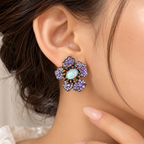 Luxury Black Rhodium Purple CZ Opal Floral Alloy Stud Earrings Bulk