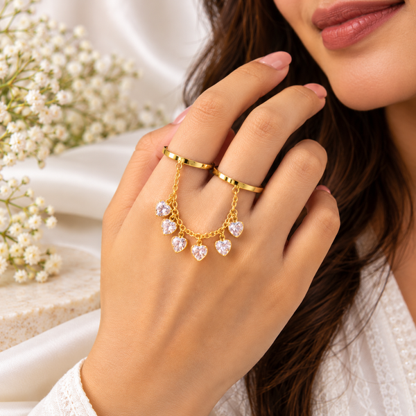 Designer Multi Finger Gold Plated CZ Heart Chain Adjustable Ring Bulk Secondary image