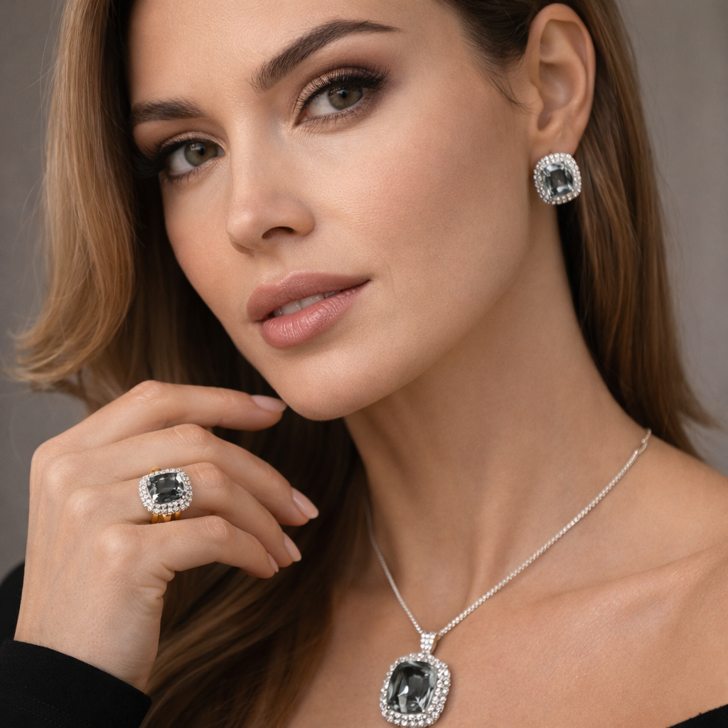Black Classic Cushion Shape Silver CZ Copper Necklace Combo Set Bulk