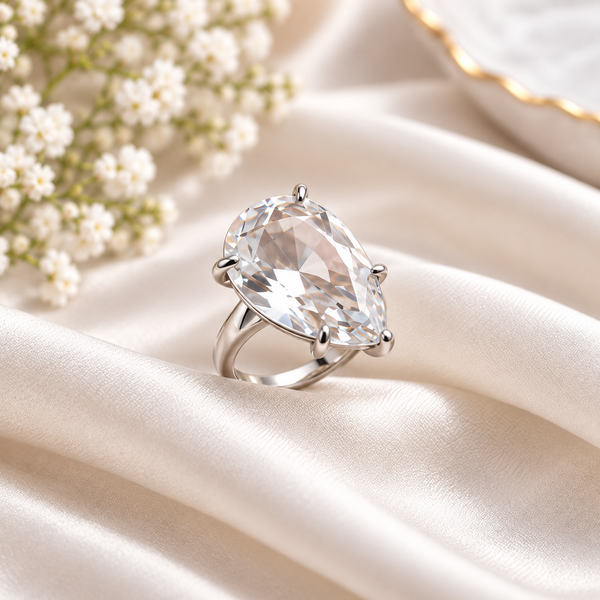 Designer Solitaire Teardrop Silver Rhinestone Copper Cocktail Ring Bulk Secondary image