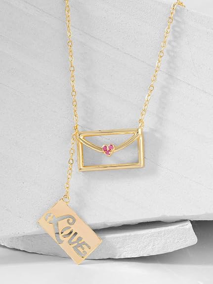 Pink Heart Postcard letter Gold Cubic Zirconia Copper Necklace Bulk