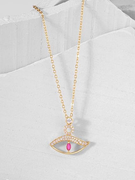 Pink Evil Eye Gold Cubic Zirconia Copper Necklace For Women Bulk