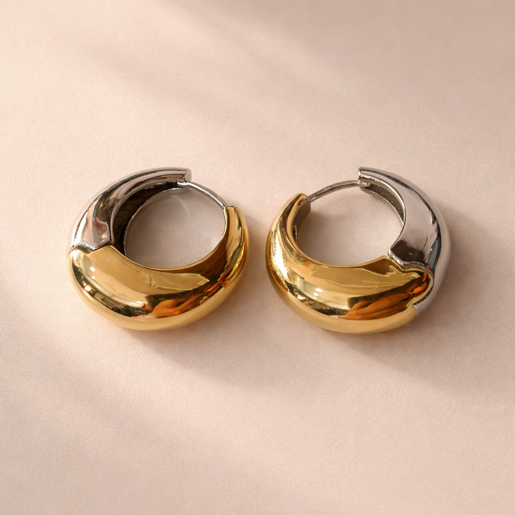 Bulk Two-Tone Chunky Gold Silver Plain Stainless Steel Hoop Earrings