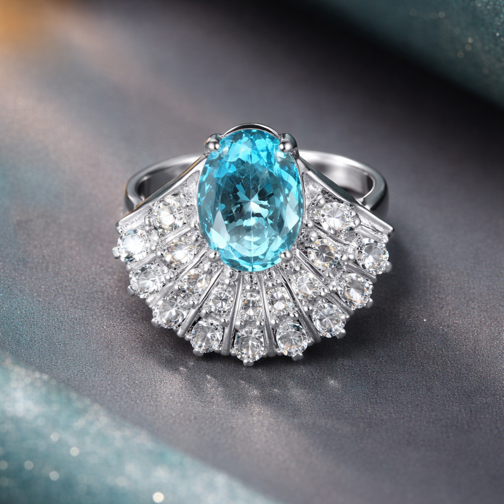 Bulk White Blue Fan Style Silver CZ Copper Adjustable Cocktail Ring