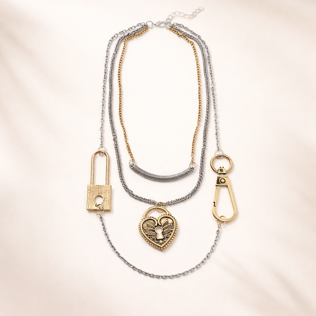 Stylish Dual Tone Layered Lock Charm Gold Silver Plated Necklace Bulk