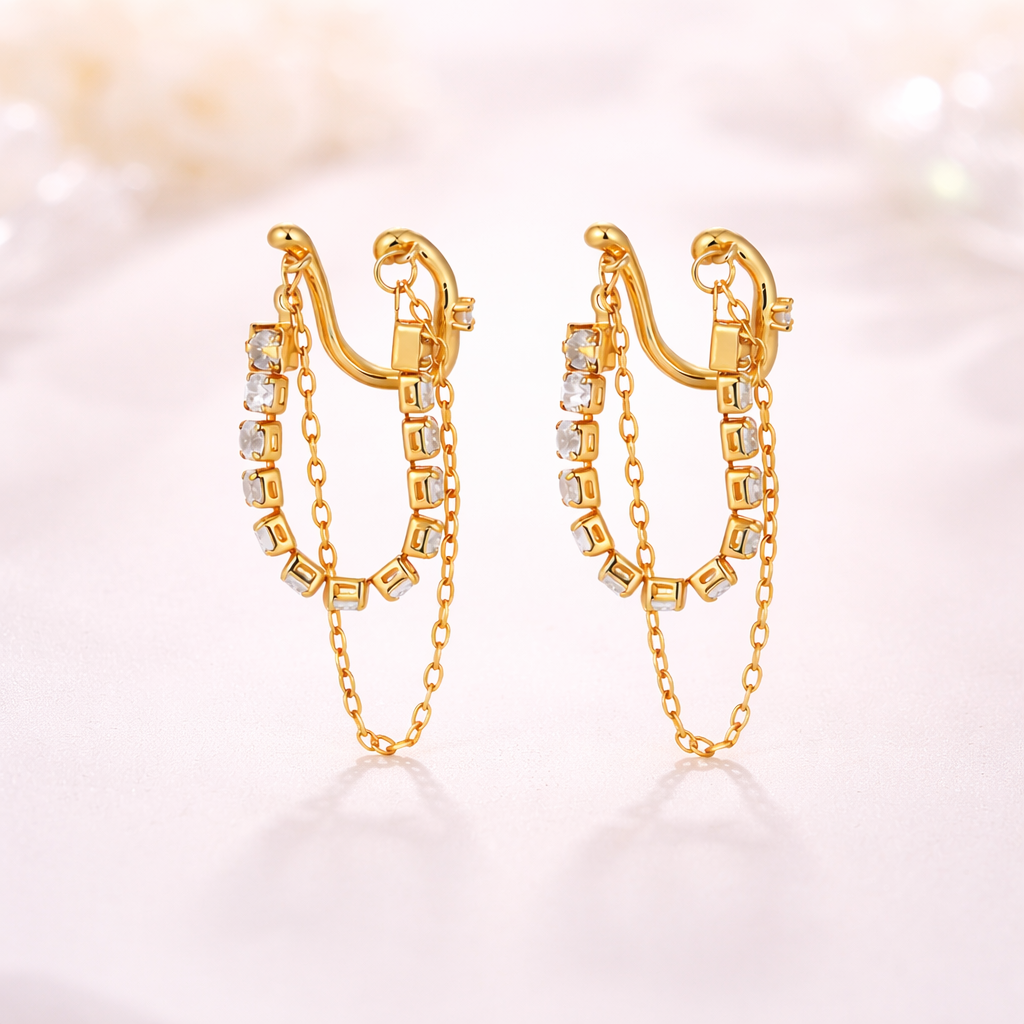 Stylish Gold Plated CZ Stainless Steel Chain Ear Cuff Earrings Bulk