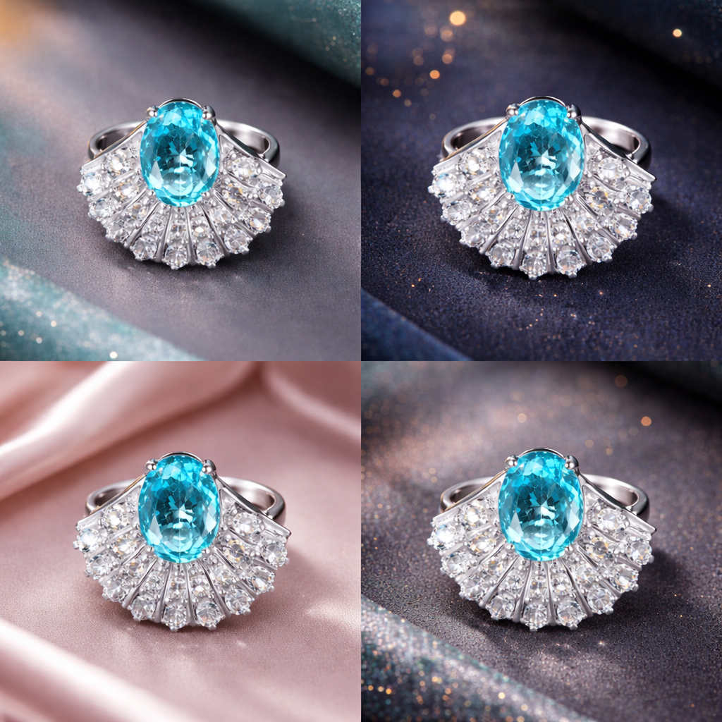 Bulk White Blue Fan Style Silver CZ Copper Adjustable Cocktail Ring