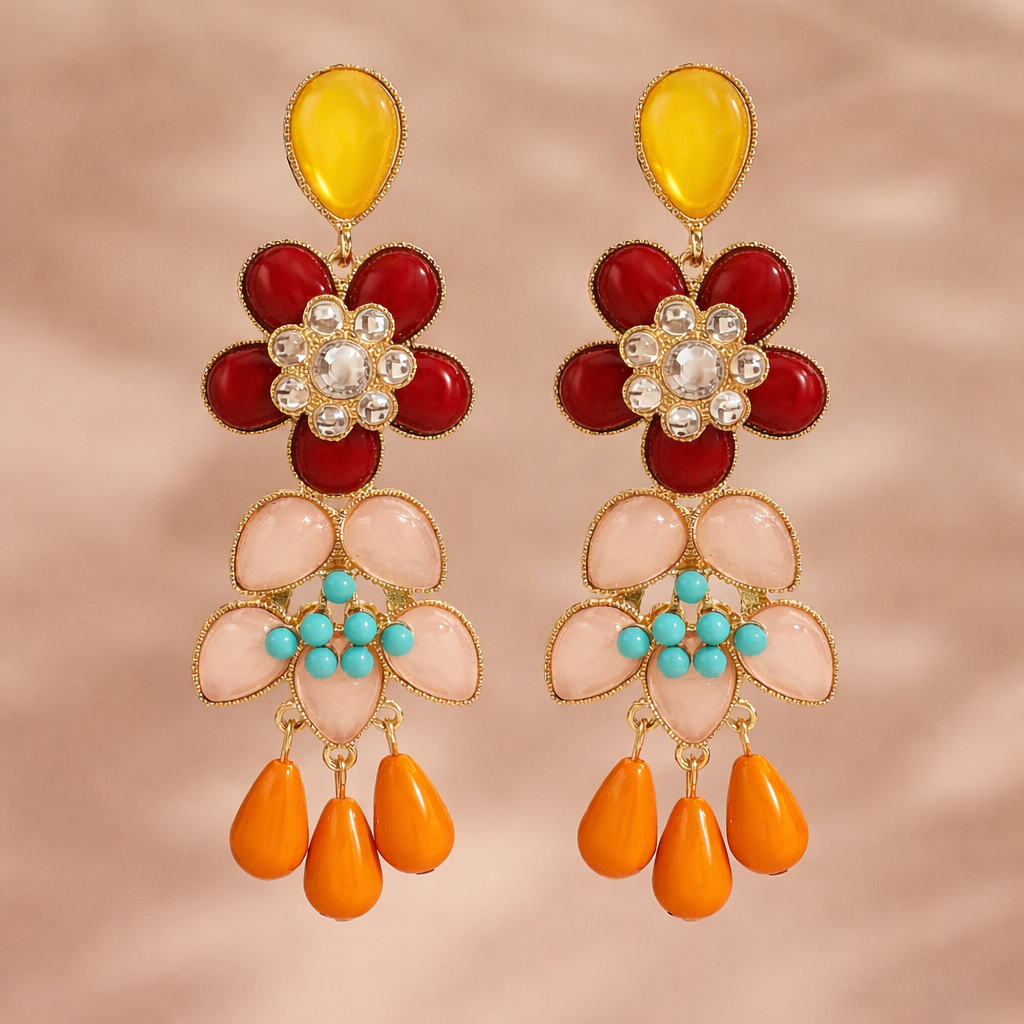 Multi Color Flower Teardrop Stones Gold Enamel Dangler Earrings Bulk Secondary image