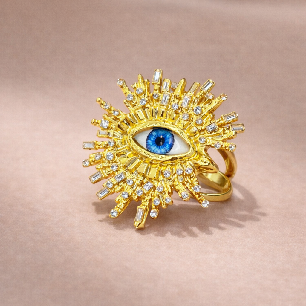 Bulk Blue Evil Eye Gold Plated Rhinestone Alloy Adjustable Fancy Ring