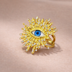 Bulk Blue Evil Eye Gold Plated Rhinestone Alloy Adjustable Fancy Ring