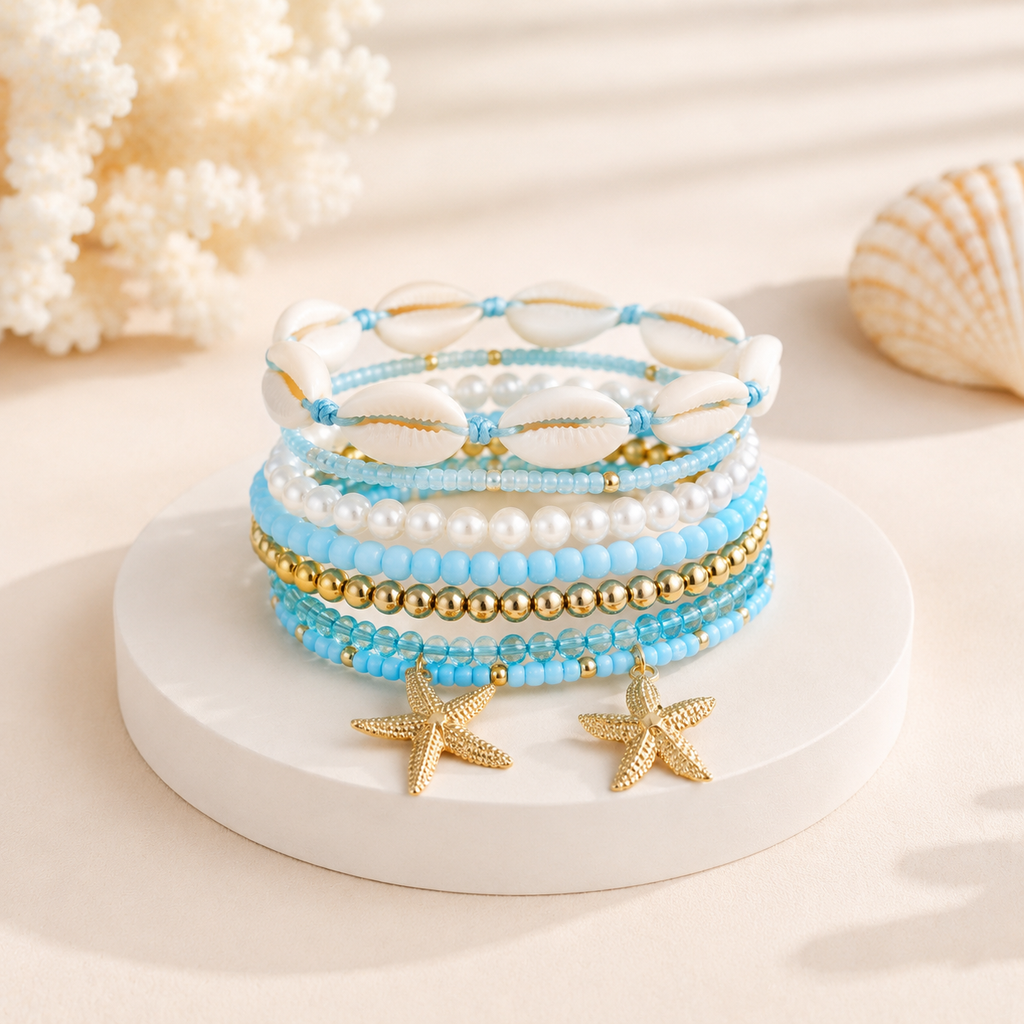 Blue Coastal Style Starfish Shell Layered Gold Pearl Beads Bracelet Bulk