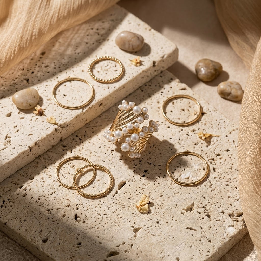 Luxury Gold Twisted Rope Design Faux Pearl Copper Cocktail Ring Bulk