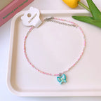 Green Butterfly Pink White Beaded Silver Charm Necklace Kids Bulk