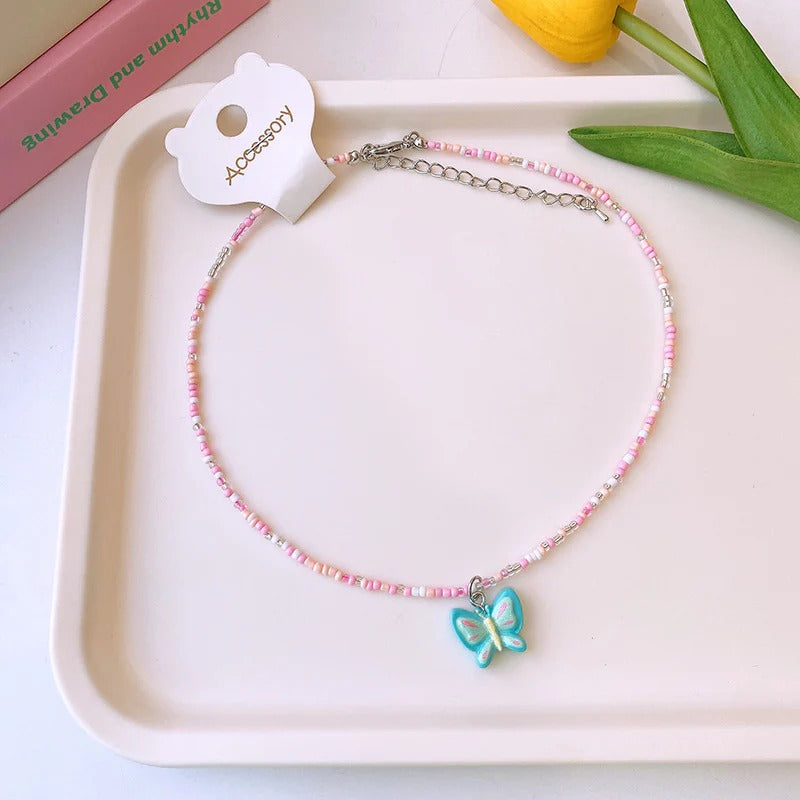 Green Butterfly Pink White Beaded Silver Charm Necklace Kids Bulk