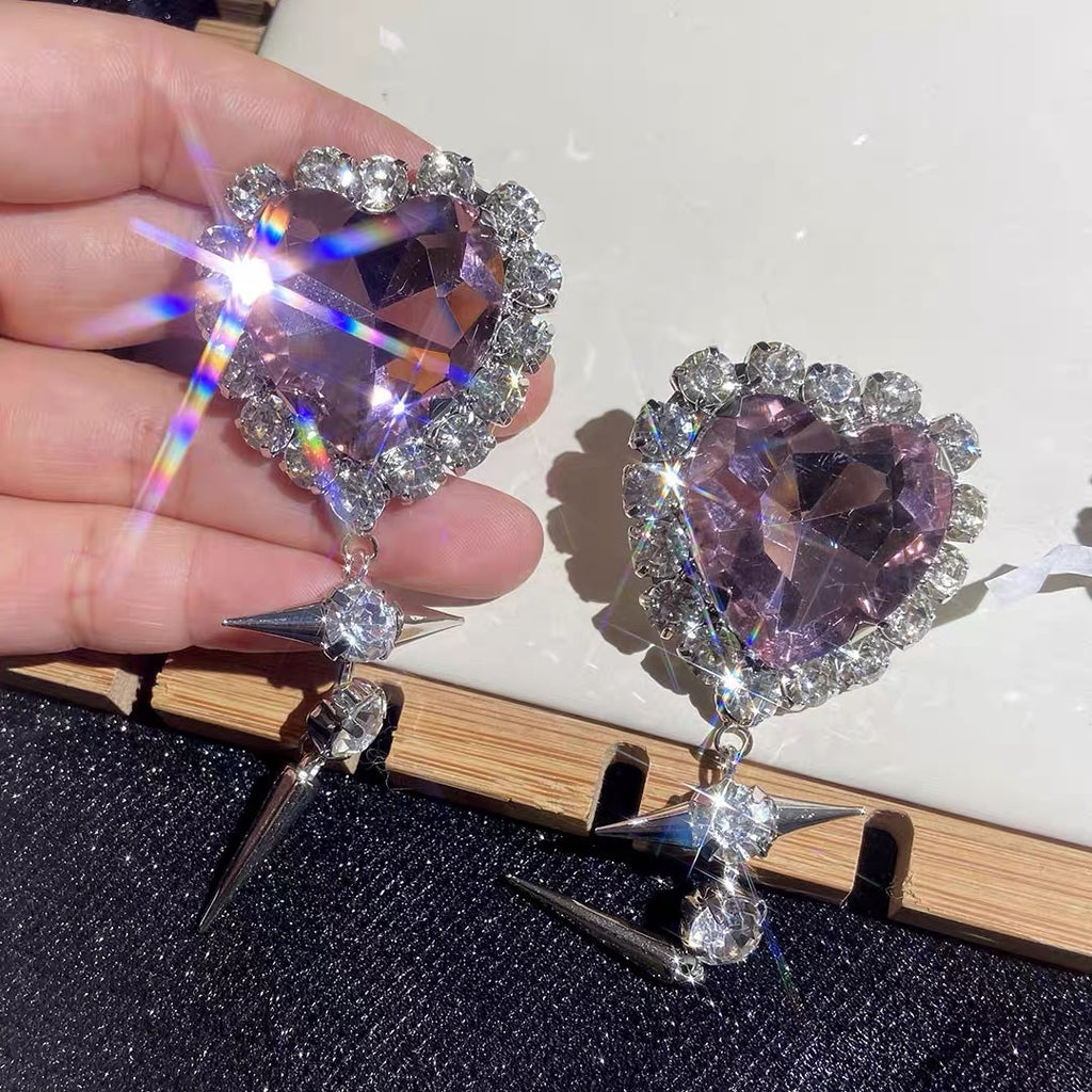 Heart Silver Pink Crystal CZ Rhinestones Stud Drop Earring Bulk