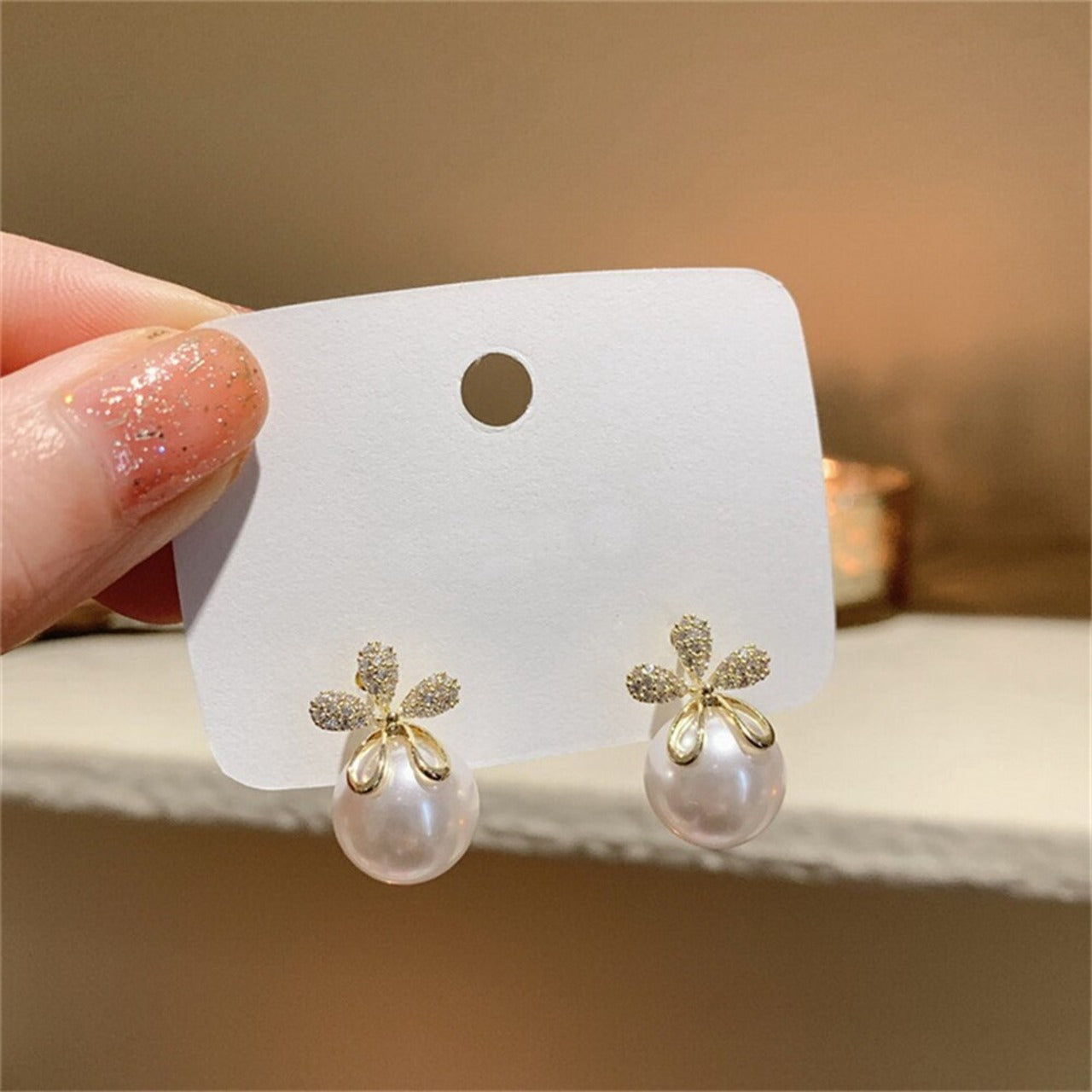 Flower Gold Plated Pearl Cubic Zirconia Alloy Drop Earrings Bulk