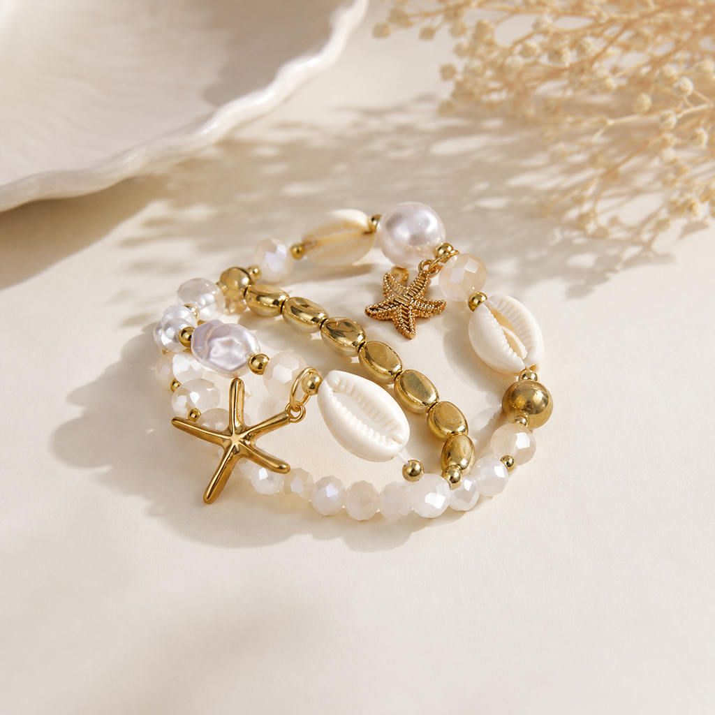Designer Coastal White Shell Layered Gold Pearl Beads Bracelet Bulk