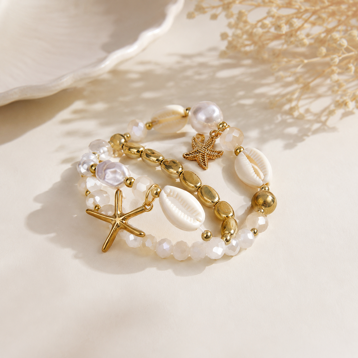 Designer Coastal White Shell Layered Gold Pearl Beads Bracelet Bulk