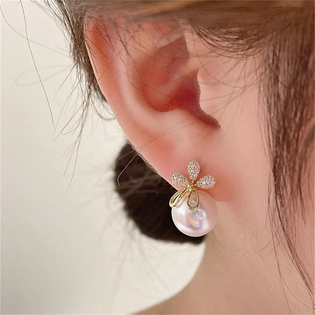 Flower Gold Plated Pearl Cubic Zirconia Alloy Drop Earrings Bulk