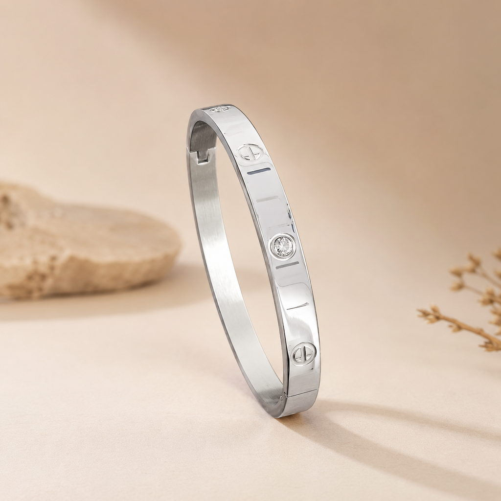Screw Luxury Silver CZ Stainless Steel Cuff Kada Bangle Bulk