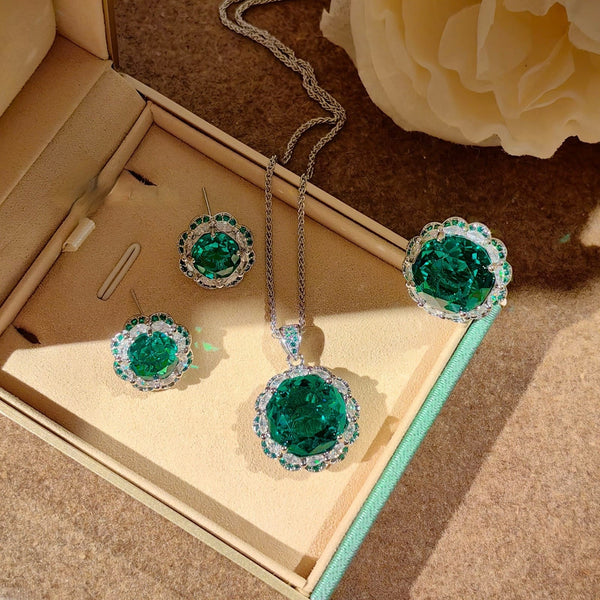 Multi Color Emerald Floral Silver Cubic Zirconia Copper Necklace Combo Bulk Main image