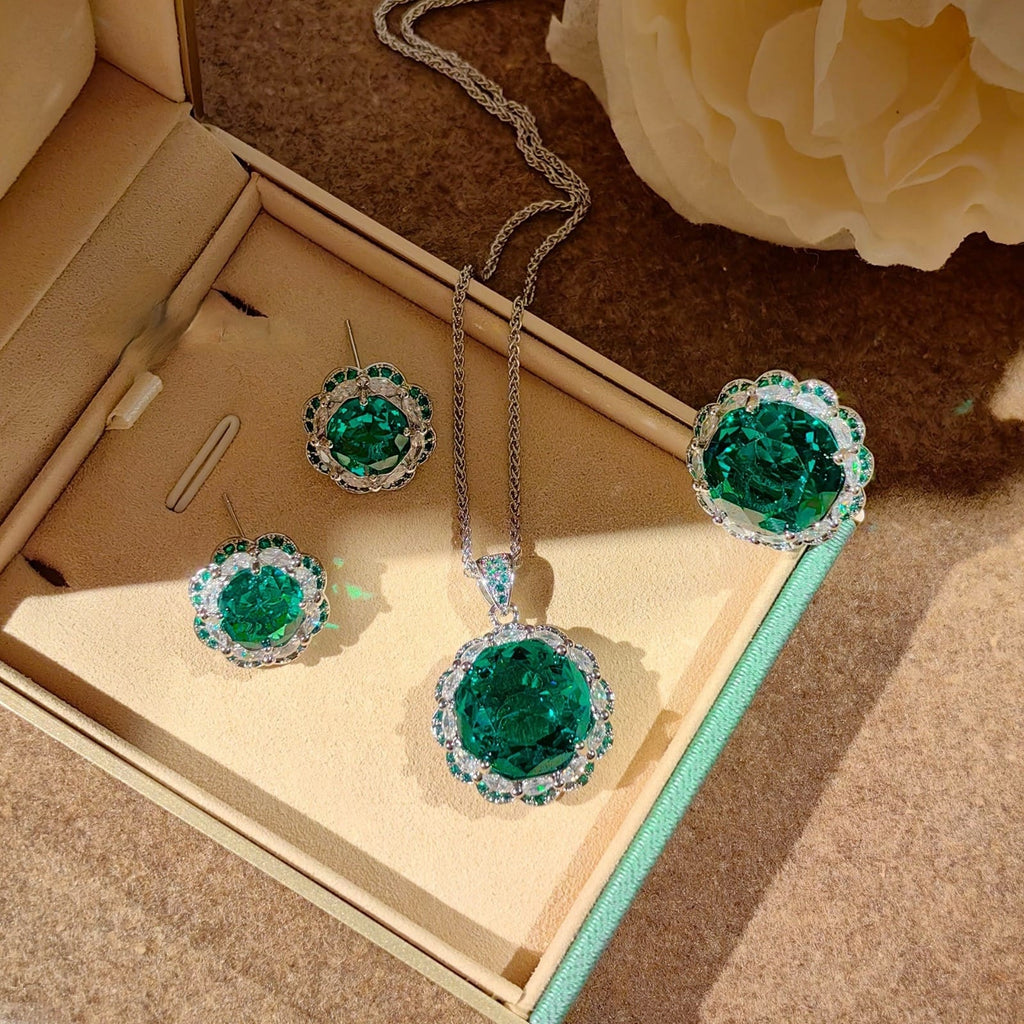 Multi Color Emerald Floral Silver Cubic Zirconia Copper Necklace Combo Bulk